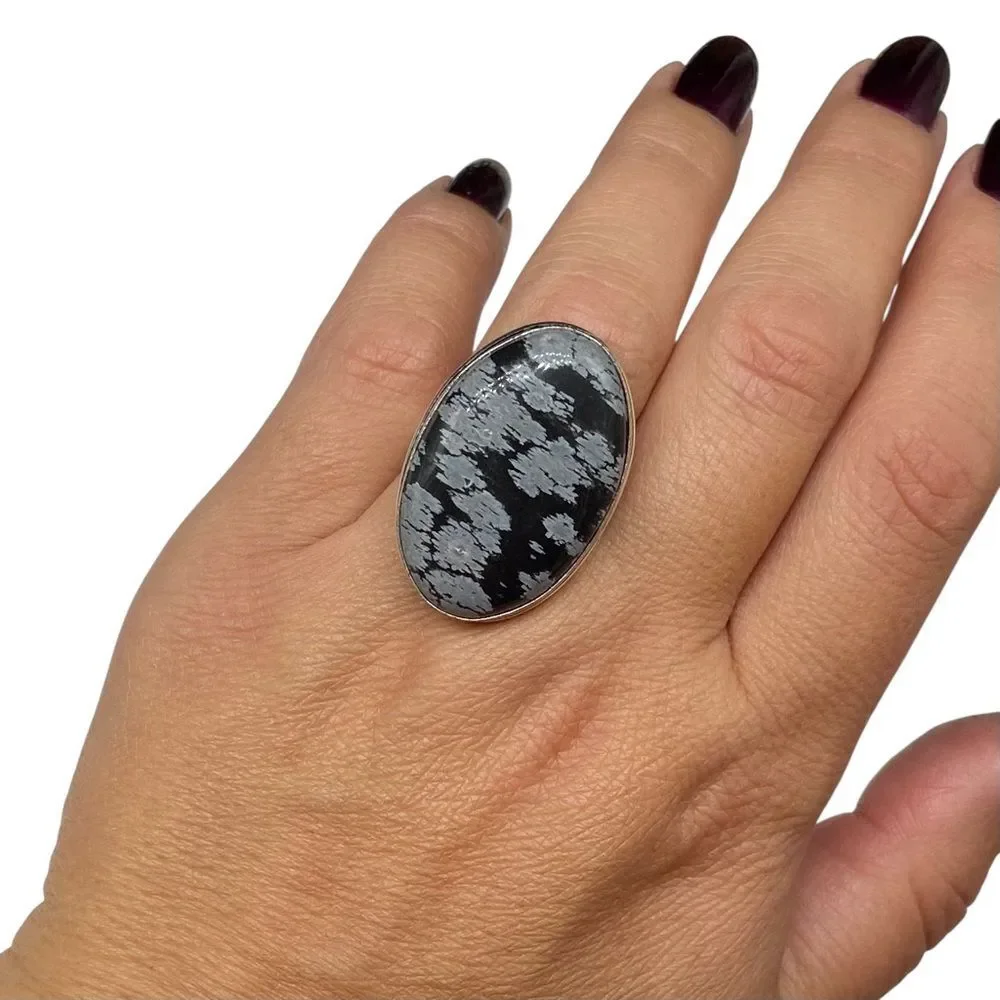 Snowflake Obsidian Ring Size 7 925 Sterling Silver Overlay Black Oval Chunky